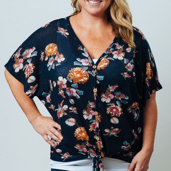 Navy Floral Waffle Dolman Sleeve Shirt - Picture 2 of 3